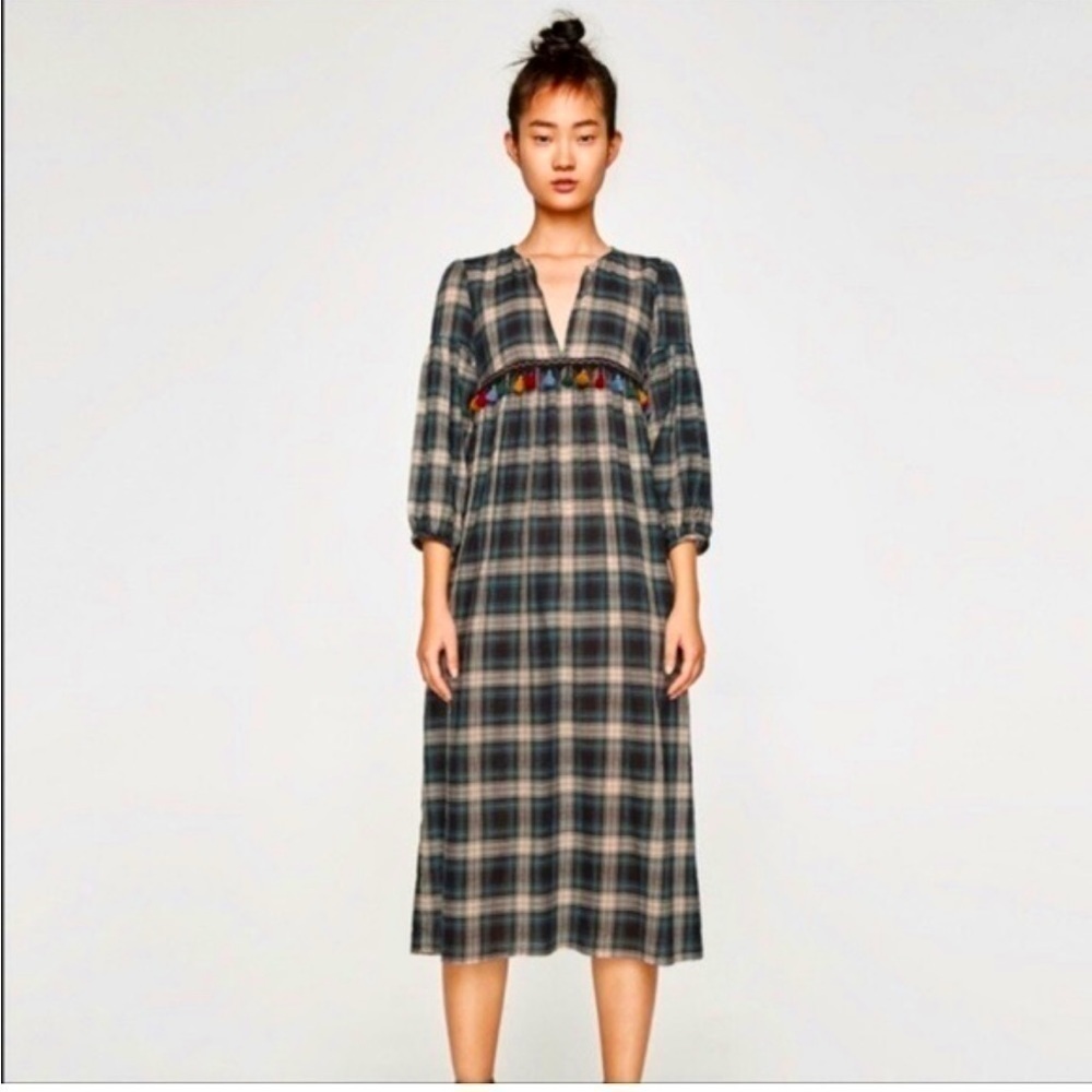 Zara check dress with tassel detail; midi length size XS